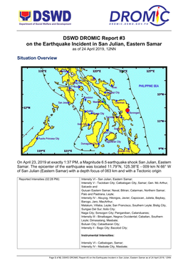 DSWD DROMIC Report #3 on the Earthquake Incident in San Julian, Eastern Samar As of 24 April 2019, 12NN