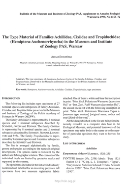 The Type Material of Families Achillidae, Cixiidae and Tropiduchidae (Hemiptera-Auchenorrhyncha) in the Museum and Institute of Zoology PAS, Warsaw