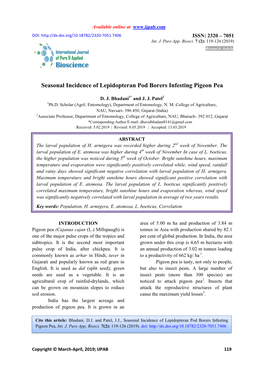 Seasonal Incidence of Lepidopteran Pod Borers Infesting Pigeon Pea