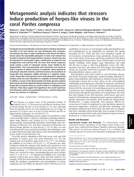 Metagenomic Analysis Indicates That Stressors Induce Production of Herpes-Like Viruses in the Coral Porites Compressa