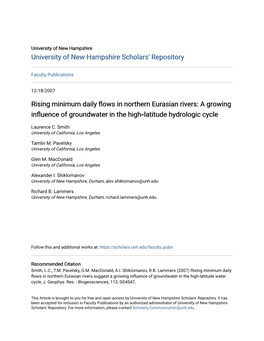 Rising Minimum Daily Flows in Northern Eurasian Rivers: a Growing Influence of Groundwater in the High‐Latitude Hydrologic Cycle