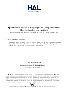 Quantitative Models of Rhipicephalus (Boophilus) Ticks: Historical Review and Synthesis Hsiao-Hsuan Wang, Michael S