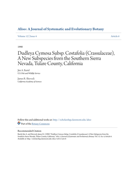 Dudleya Cymosa Subsp. Costafolia (Crassulaceae), a New Subspecies from the Southern Sierra Nevada, Tulare County, California Jim A