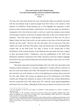 Forts and Castles in the Colonial Period: Uses and Understandings of the Pre-Colonial Fortifications Jon Olav Hove NTNU