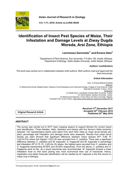 Identification of Insect Pest Species of Maize, Their Infestation and Damage Levels at Ziway Dugda Woreda, Arsi Zone, Ethiopia