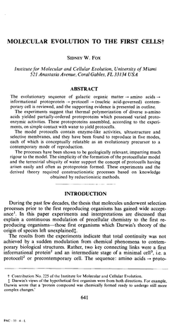 MOLECULAR EVOLUTION to TUE FIRST Cellst