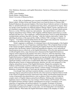 Narratives of Persecution in Reformation England Author: Annie Morphew Faculty Mentor: Jennifer Deane School: University of Minnesota Morris