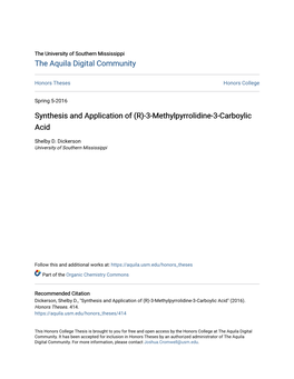 Synthesis and Application of (R)-3-Methylpyrrolidine-3-Carboylic Acid