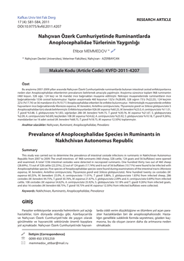 Nahçıvan Özerk Cumhuriyetinde Ruminantlarda Anoplocephalidae Türlerinin Yaygınlığı