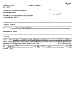 United States Department of the Interior National Park Service JUL 2 4 2007 NATIONAL REGISTER of HISTORIC PLACES REGISTRATION FORM