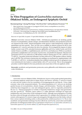 In Vitro Propagation of Gastrochilus Matsuran (Makino) Schltr., an Endangered Epiphytic Orchid