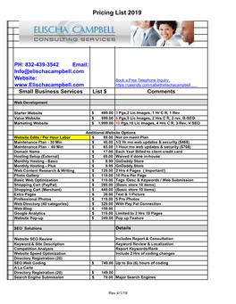 Pricing List 2019