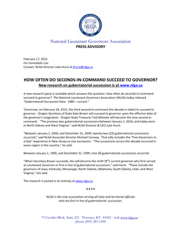 NLGA Press Advisory New Research on Gubernatorial Succession