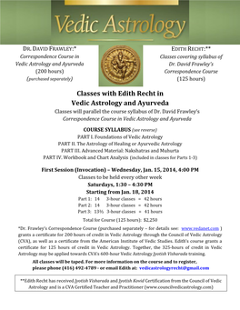 Classes with Edith Recht in Vedic Astrology and Ayurveda Classes Will Parallel the Course Syllabus of Dr