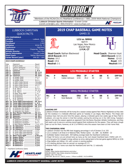 2019 CHAP BASEBALL GAME NOTES QUICK FACTS GAMES 35 LCU CHAPARRALS Location