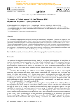 Taxonomy of Epictia Munoai (Orejas-Miranda, 1961) (Squamata: Serpentes: Leptotyphlopidae)