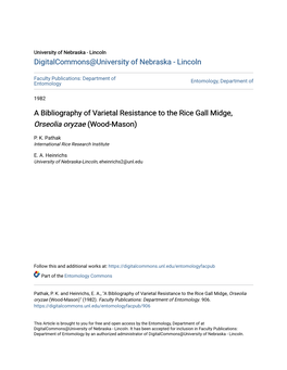 A Bibliography of Varietal Resistance to the Rice Gall Midge, &lt;I&gt;Orseolia