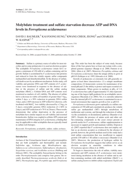 Molybdate Treatment and Sulfate Starvation Decrease ATP and DNA Levels in Ferroplasma Acidarmanus