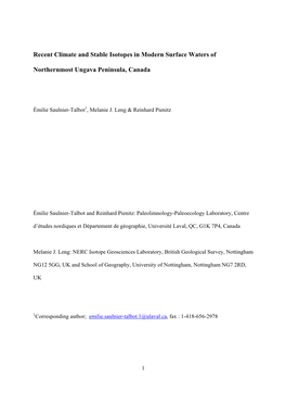 Recent Climate and Stable Isotopes in Modern Surface Waters of Northernmost Ungava Peninsula, Canada