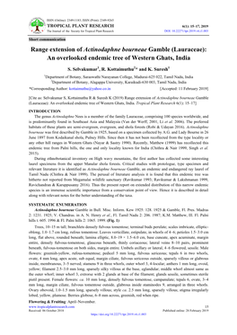 Range Extension of Actinodaphne Bourneae Gamble (Lauraceae) an Overlooked Endemic Tree of Western Ghats, India