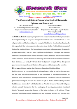 The Concept of God: a Comparative Study of Ramanuja, Spinoza, and Ibn- Arabi