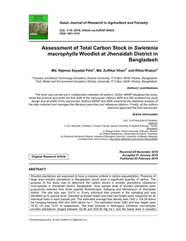 Assessment of Total Carbon Stock in Swietenia Macrophylla Woodlot at Jhenaidah District in Bangladesh