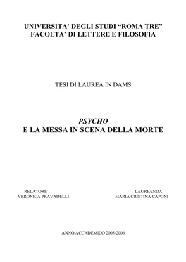 Psycho E La Messa in Scena Della Morte