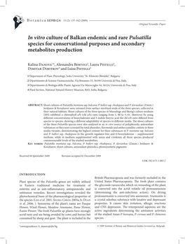 In Vitro Culture of Balkan Endemic and Rare Pulsatilla Species for Conservational Purposes and Secondary Metabolites Production