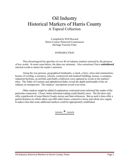 Oil Industry Historical Markers of Harris County a Topical Collection