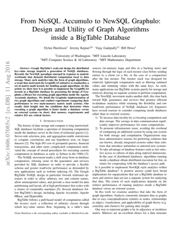 From Nosql Accumulo to Newsql Graphulo: Design and Utility of Graph Algorithms Inside a Bigtable Database