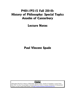 P401/P515 Fall 2010: History of Philosophy: Special Topics Anselm of Canterbury
