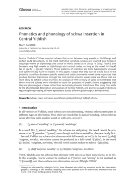 Phonetics and Phonology of Schwa Insertion in Central Yiddish Marc Garellek University of California, San Diego, La Jolla, CA, US Mgarellek@Ucsd.Edu