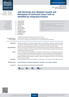 Mir-20A/Foxj2 Axis Mediates Growth and Metastasis of Colorectal