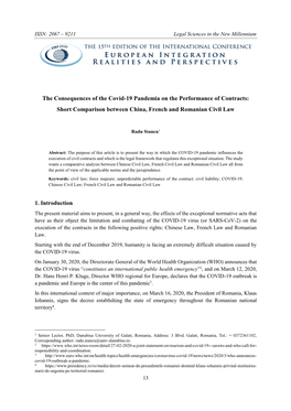 The Consequences of the Covid-19 Pandemia on the Performance of Contracts: Short Comparison Between China, French and Romanian Civil Law