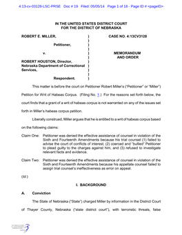 IN the UNITED STATES DISTRICT COURT for the DISTRICT of NEBRASKA ROBERT E. MILLER, Petitioner, V. ROBERT HOUSTON, Director, Nebr