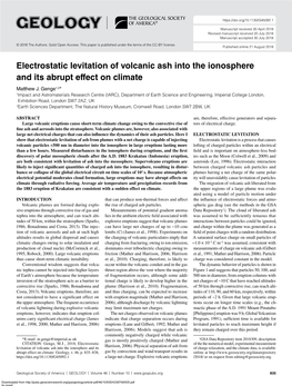 Electrostatic Levitation of Volcanic Ash Into the Ionosphere and Its Abrupt Effect on Climate Matthew J