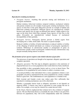 Lecture 10 Monday, September 23, 2013 Reproductive Isolating Mechanisms • Prezygotic Barriers: Anything That Prevents Mating A