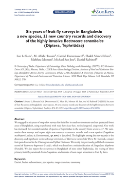 Six Years of Fruit Fly Surveys in Bangladesh: a New Species, 33 New Country Records and Discovery of the Highly Invasive Bactrocera Carambolae (Diptera, Tephritidae)