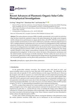 Recent Advances of Plasmonic Organic Solar Cells: Photophysical Investigations