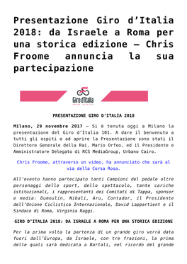 Presentazione Giro D'italia 2018: Da Israele a Roma Per