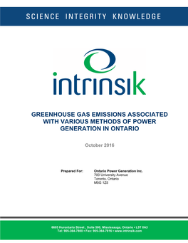 Greenhouse Gas Emissions Associated with Various Methods of Power Generation in Ontario