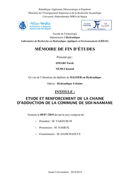 République Algérienne Démocratique Et Populaire Ministère De L’Enseignement Supérieur Et De La Recherche Scientifique Université Abderrahmane MIRA De Bejaia