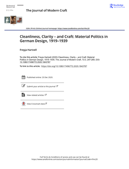 And Craft: Material Politics in German Design, 1919–1939