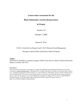 Conservation Assessment for the Black Salamander (Aneides Flavipunctatus) in Oregon Version 1.0 October 7, 2008