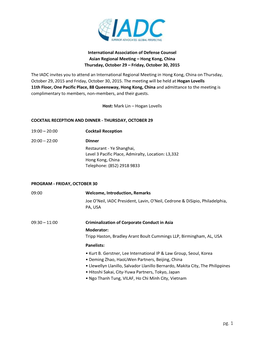 International Association of Defense Counsel Asian Regional Meeting – Hong Kong, China Thursday, October 29 – Friday, October 30, 2015