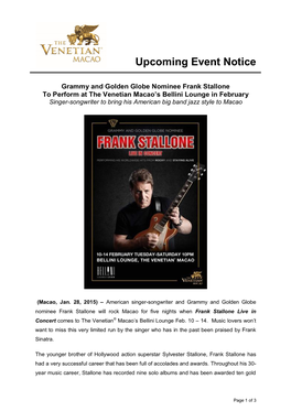 Grammy and Golden Globe Nominee Frank Stallone to Perform at The