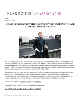 Iconic Singer-Songwriter Suzanne Vega Returns to Café Carlyle, March 5-16, 2019