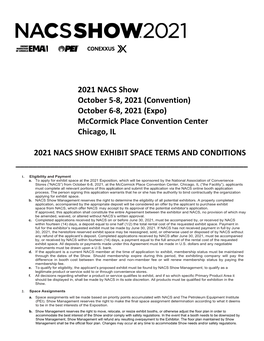 October 6-8, 2021 (Expo) Mccormick Place Convention Center Chicago, IL 2021 NACS