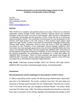 A Chinese Perspective on the International Legal Scheme for the Protection of Underwater Cultural Heritage