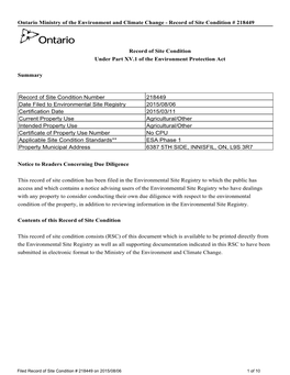 Ontario Ministry of the Environment and Climate Change - Record of Site Condition # 218449